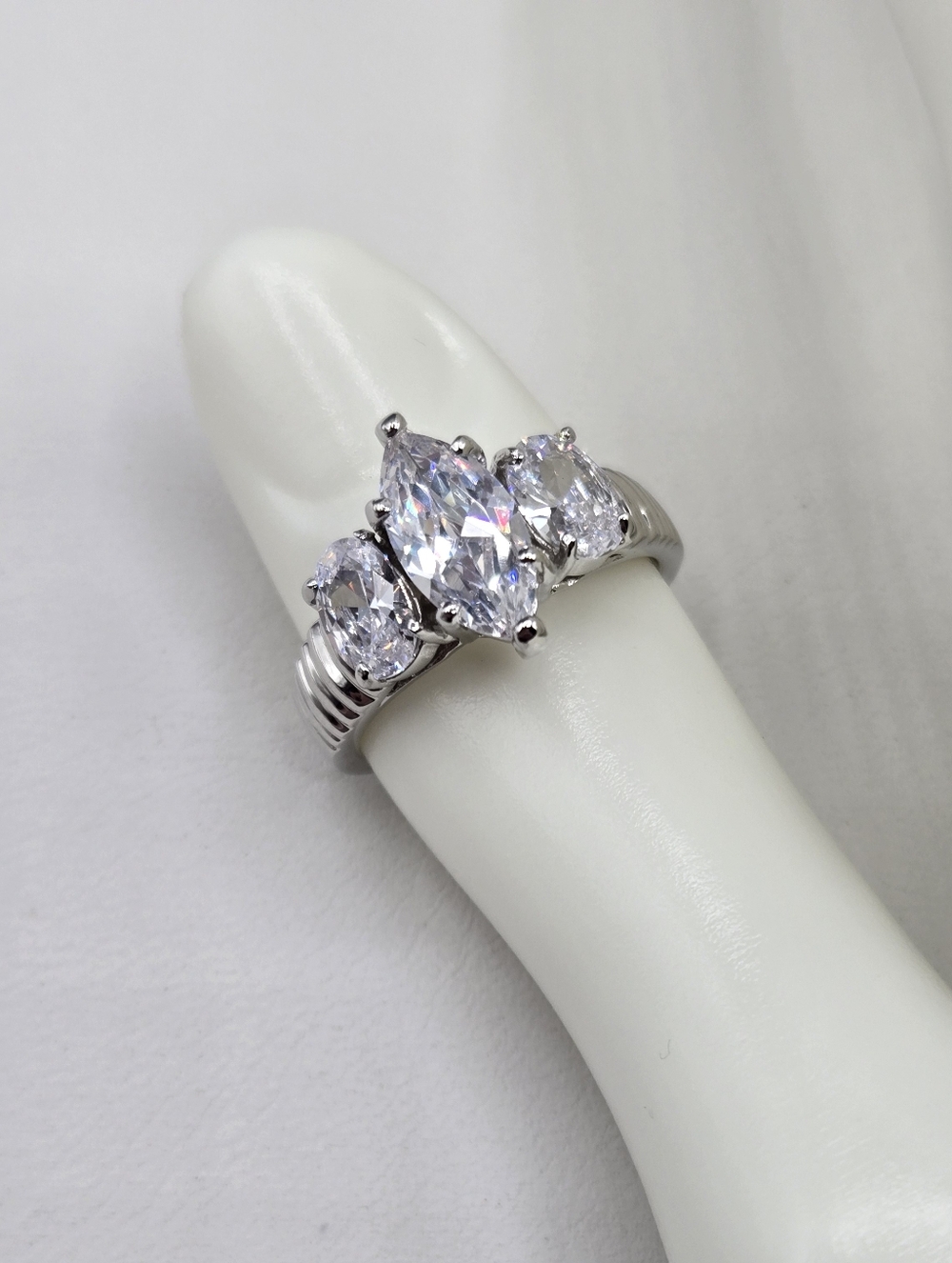 Swarovski Crystal Elements Three-Stone Silver Marquise Ring Size 8 Prom Bridal